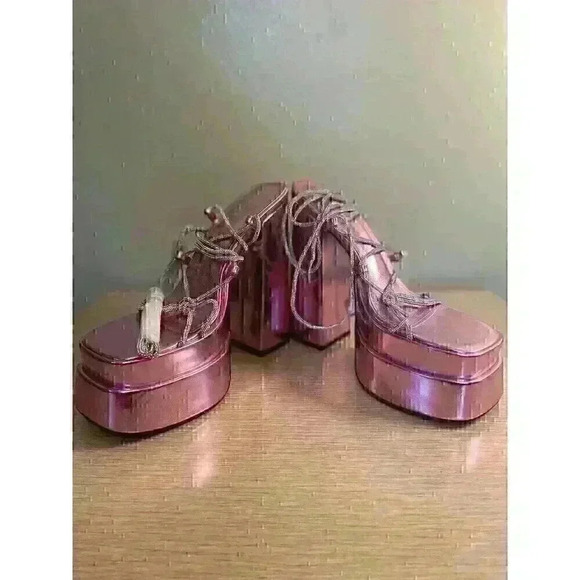 womens pink barbiecore strappy square toe block heel platform SZ 7.5 rhinestone - Picture 5 of 14